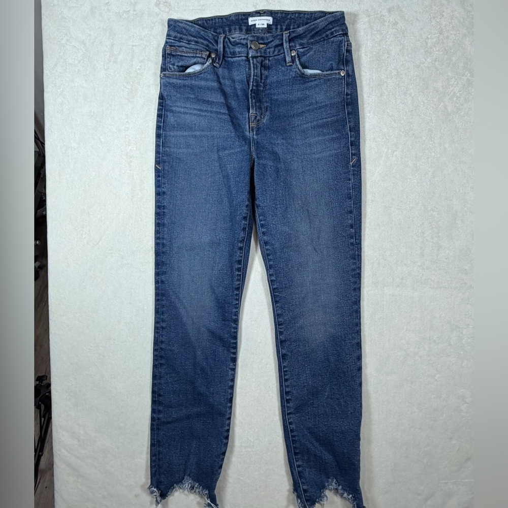 Good American Size 2 / 26 Distressed Hem Slim Dark Blue Ankle Jeans - Picture 1 of 10